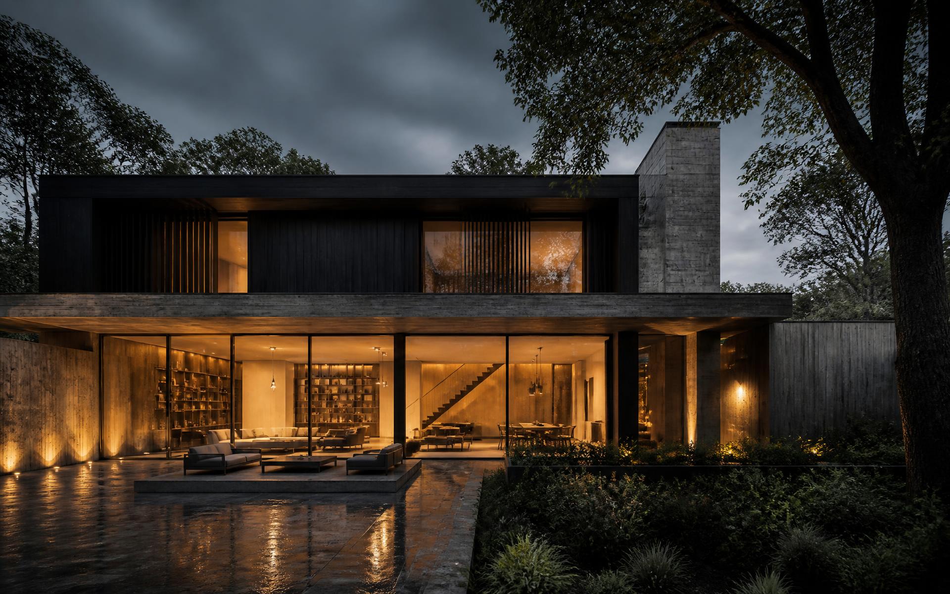 Contemporary London house at dusk with board-marked concrete, dark timber and warmly lit full-height glazing