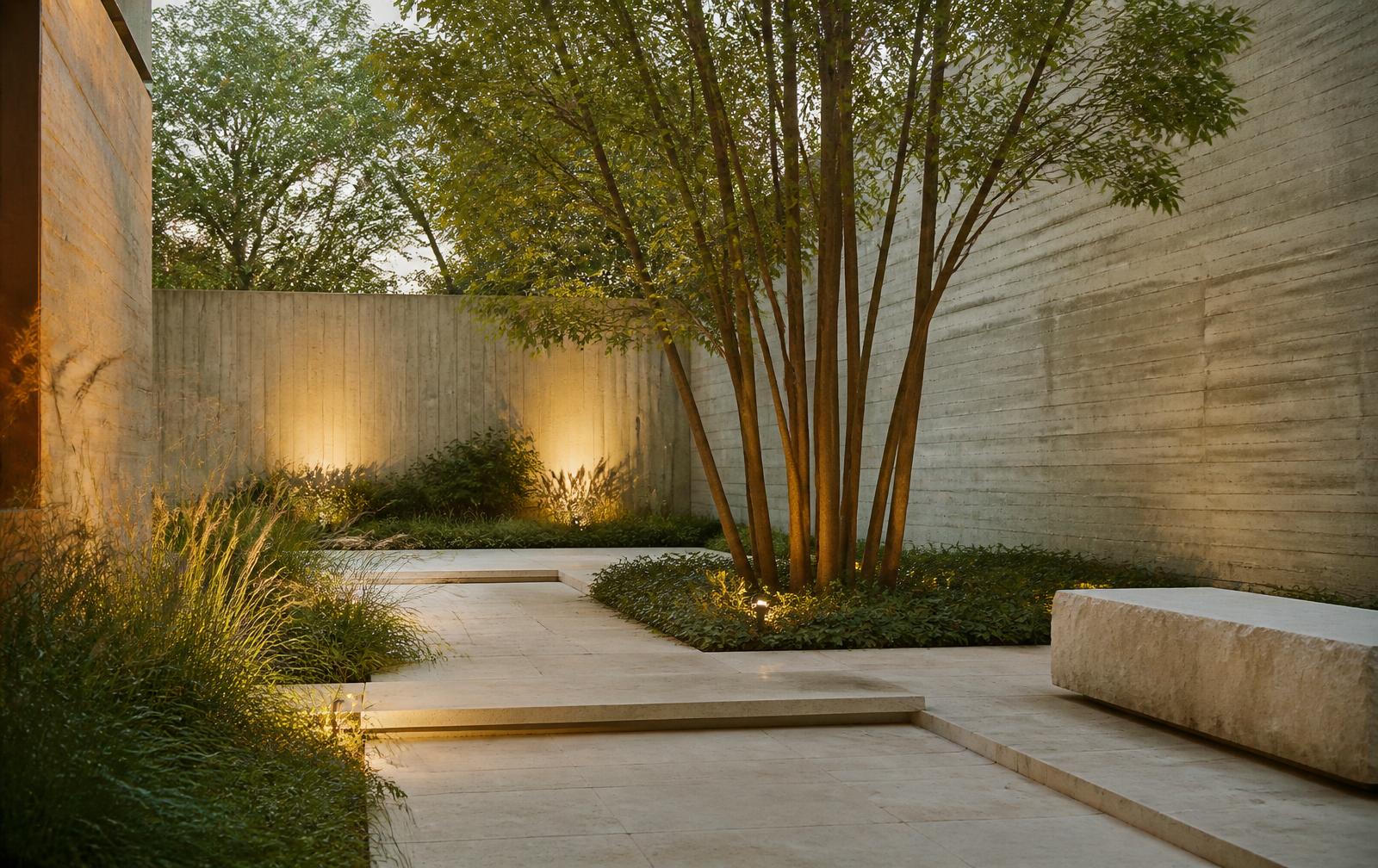 Planted courtyard garden with stone paving and specimen trees